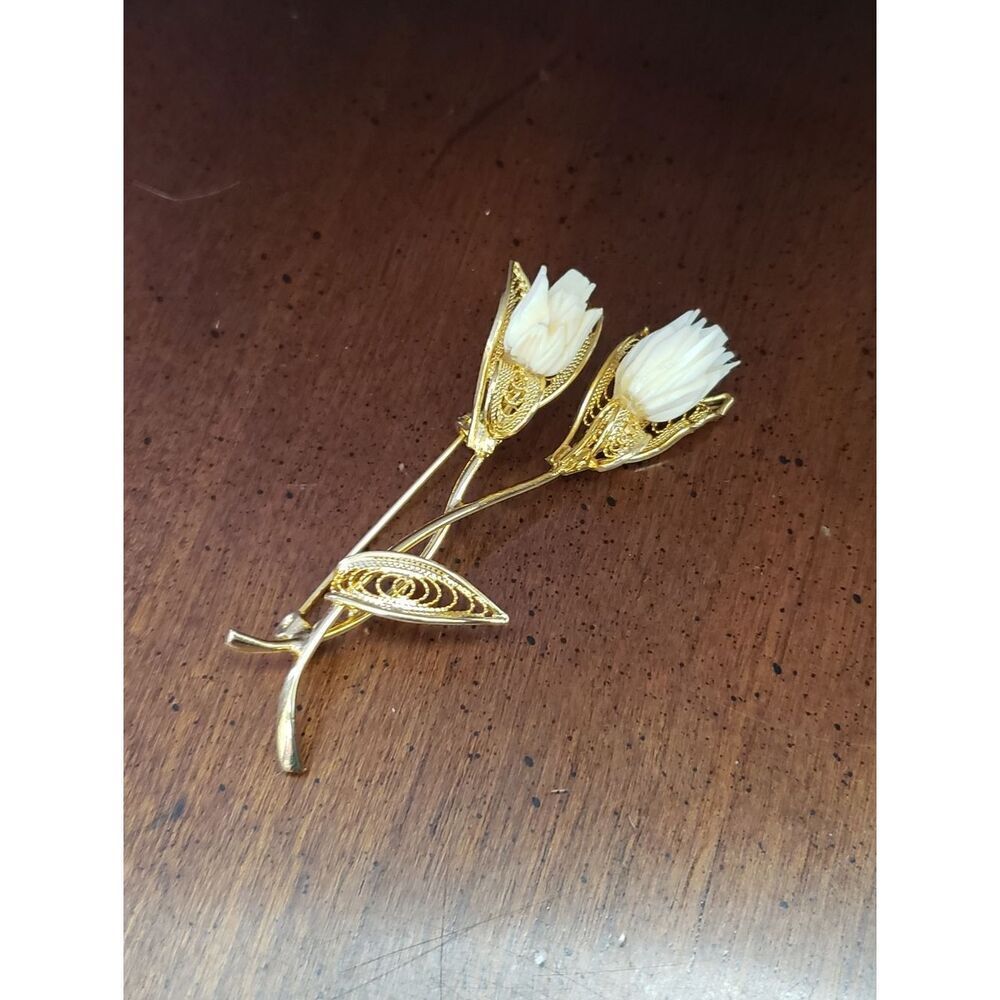 VINTAGE Filigree Goldtone Brooch Celluloid Flower Buds